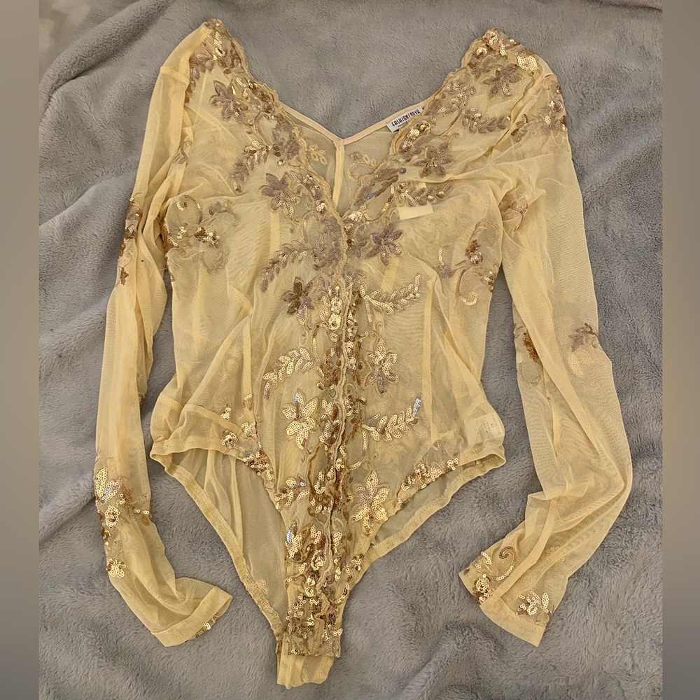 Tan and Gold Sheer Bodysuit